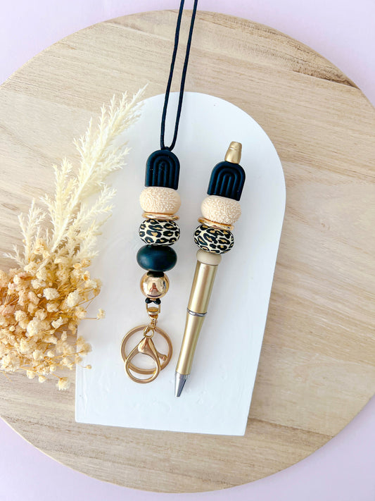 Arch Black Leopard Lanyard and Pen Set