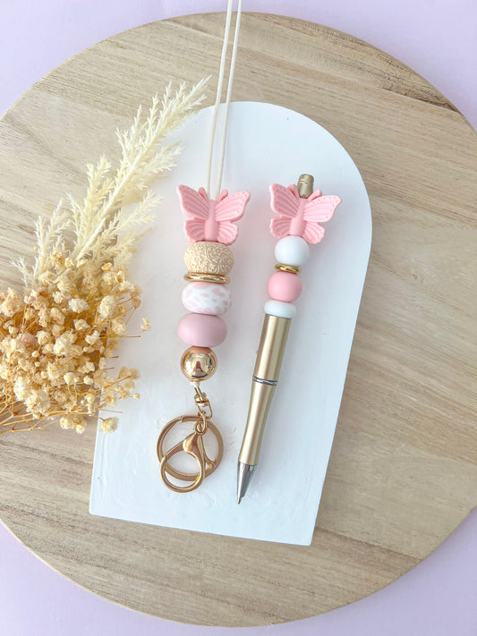 Butterfly Pink Lanyard and Pen Set