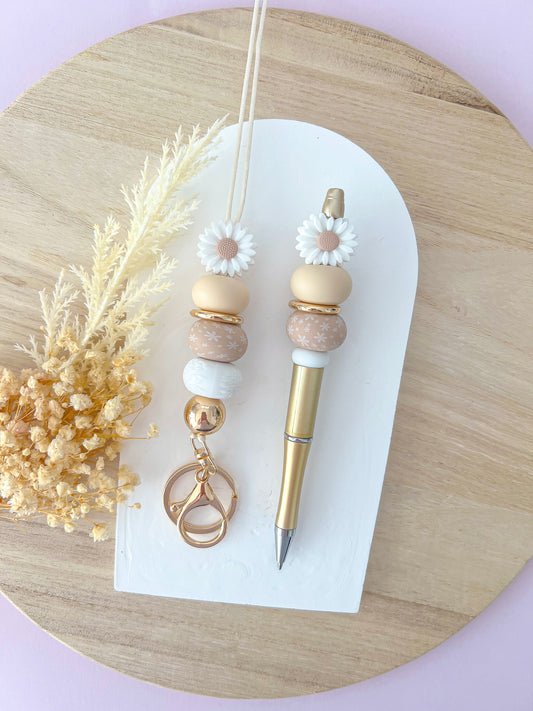 Daisy Beige Garden Lanyard and Pen Set