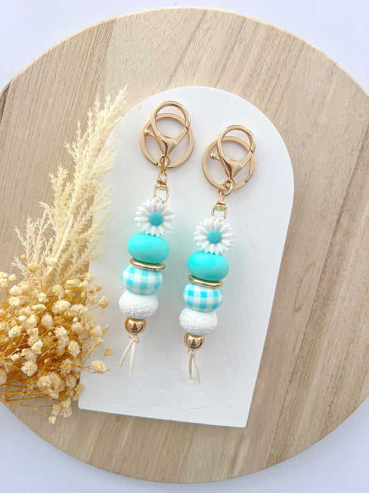 Daisy Springtime Aqua Gingham Keychain